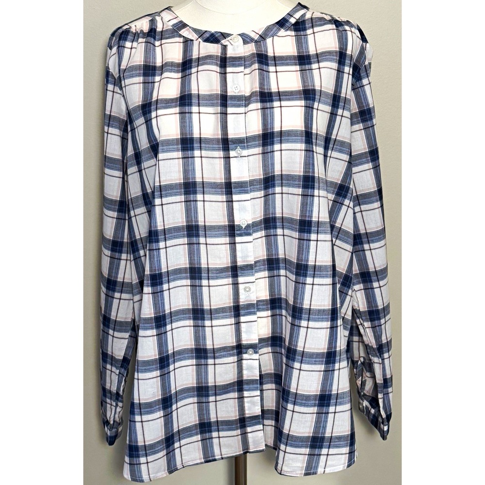 LOFT Outlet Women Plaid Woven Cotton Long Sleeve Button Up Shirt XL Blue White